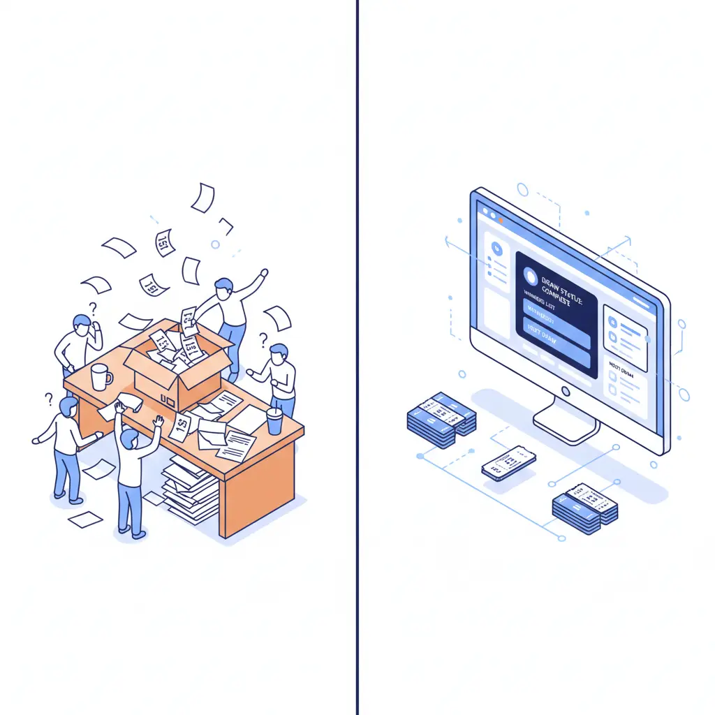 傳統紙籤抽獎與免費線上抽獎系統對比，展示數位化抽獎的優勢